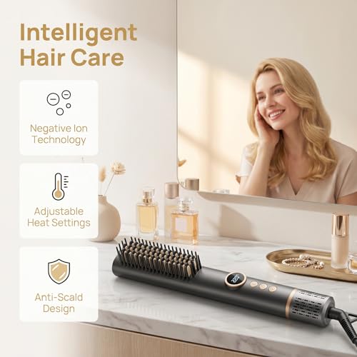 Cepillo alisador profesional iónico con aire caliente - Alisador para cabello de calentamiento rápido con función de aire frío, enchufe UE, pantalla LCD y protección contra quemaduras - Negro miniatura 4