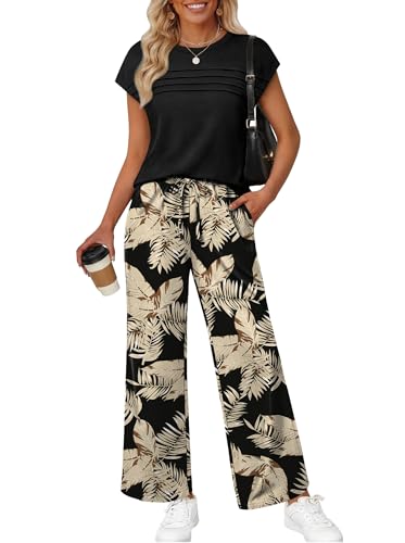 WIHOLL Two Piece Set for Women Summer Spring Outfits Business Casual Airport Travel Vacation Clothes Trendy Casual Lounge Sets Matching Clothing Wide Leg Pant Fashion M - view 2