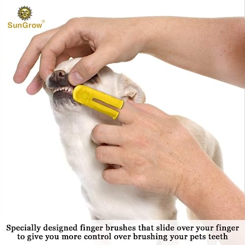 Image of SunGrow Dog & Ferret Toothbrush Set of 4, 2 Long Dual-Headed and 2 Finger Brush, Blue and Yellow, Puppy, Cat, and Small Breed Dog, 9-Inches and 2.5-Inches