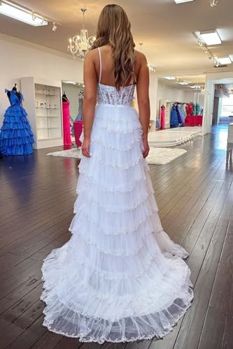 YMFFW White Lace Beaded Prom Dresses Long with Slit 2024 A Line Evening Gowns Tulle Ruffles Formal Party Dress2
