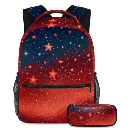 Sac à dos et trousse ciel étoilé rouge pour ados, grand format 40cm multicolore