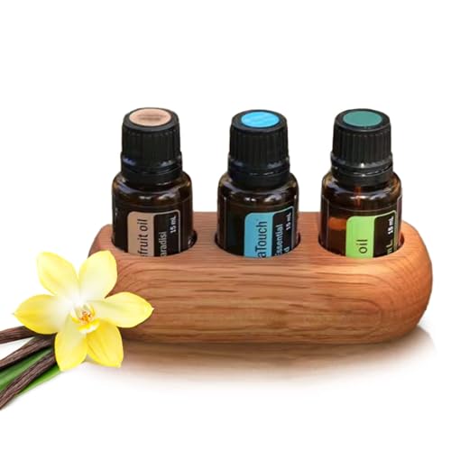 Image of VolksRose Red Oak Essential Oil Organizer 5~20ml - 3 Bottle Wooden Oil Holder - Display Stand for Travel & Home, Storage Rack for Essential Oils, Nail Polish, Perfume, Compact Shelf for Tabletop