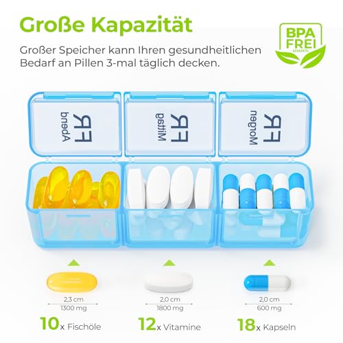 AUVON Tablettenbox 7 Tage Morgens Mittags Abends, Tragbare Pillendose mit Großen Separaten Fächern, Medikamentenbox 7 Tage 3 fächer… – Ansicht 2