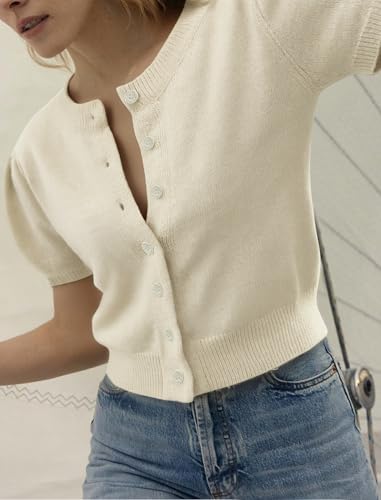 Image of Womens Puff Short Sleeve Cardigan Sweaters Cropped Button up Lightweight Y2k Knit Summer Cardigans