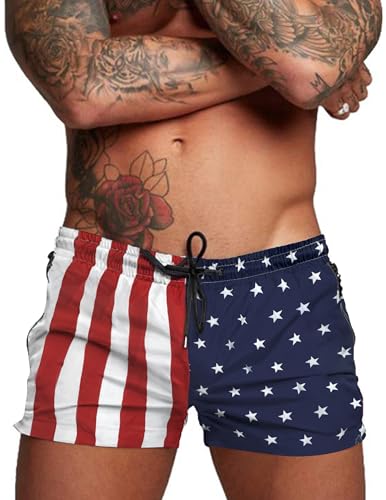 COOFANDY Men's Swim Trunk Swimwear Swimsuit Board Beach Short with Zipper Pocket American Flag