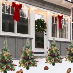Choies 2 Pack of 30 INCH Pre-Lit Artificial Pathway Christmas Trees,Outdoor Christmas Tree for Porch,Yard,Driveway,Lighted Christmas Tree with Pine Cones,Red Berries and Red Ornaments Home Decoration
