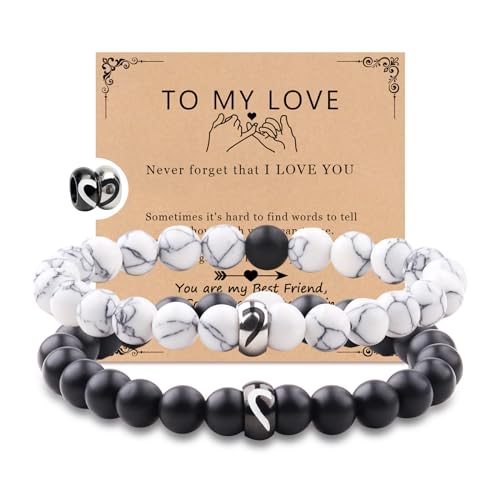 Matching Couple Ring Bracelets Set Gifts for Boyfriend Girlfriend Husband Wife Soulmate Valentine's Day Anniversary Birthday Engagement Gifts,His & Hers Bracelets with Card and Box(2Pcs,black+white)