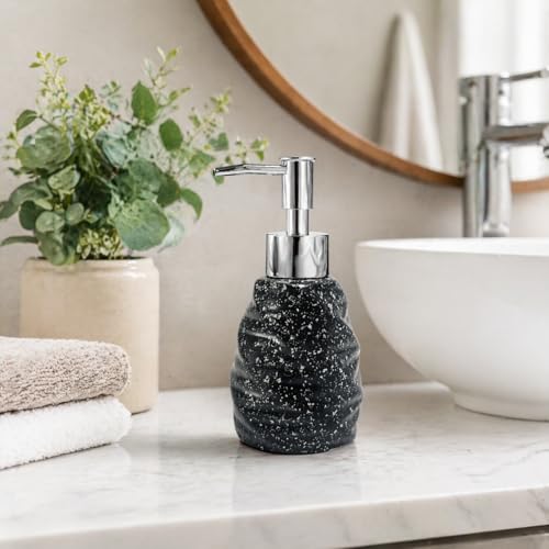 Image of Whizzo Premium Textured Ceramic Soap Dispenser for Bathroom & Kitchen | Refillable Lotion Dispenser with Chrome Pump | Modern Speckled Design | Durable, Stylish & Eco-Friendly (300ML, LD-214, Black)
