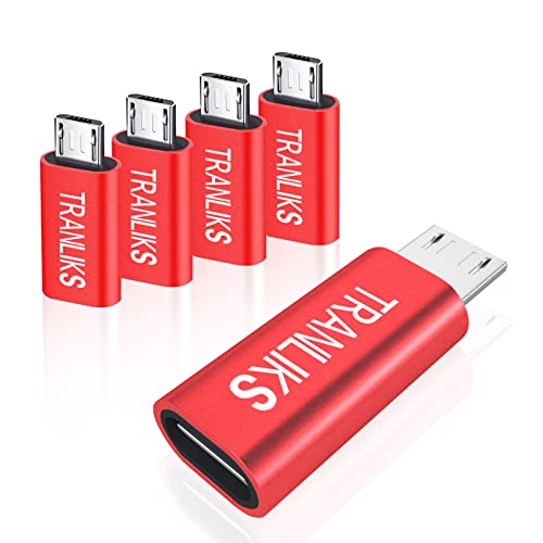 TRANLIKS Adaptateur Micro USB vers USB C, (Lot de 5) Adaptateur USB Type C Femelle vers Micro USB Male Connecteur Support Charge&Sync - Rouge