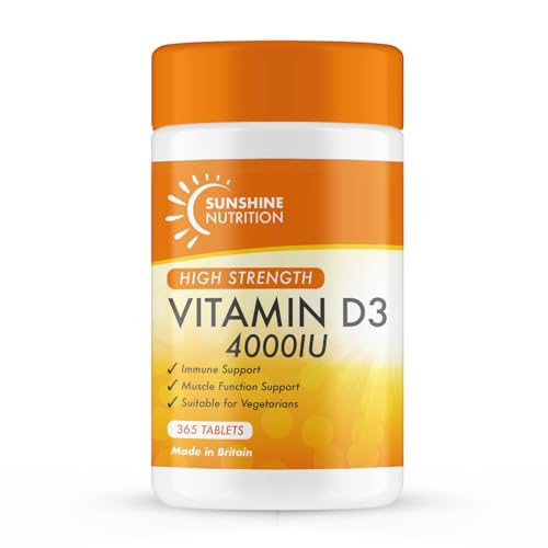 Vitamin D Tablets - Maximum High Strength D3 4000IU - One a Day - 365 Days Supply, Easy to Swallow (Adults D3 Tablets) by Sunshine Nutrition. Made in UK.