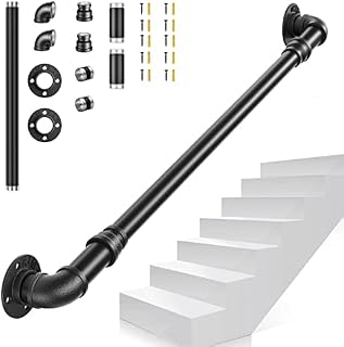 Staircase Handrails, PaNt Matte Black 1M Pipe Handrail Steps Hand Rail for Indoor Stairs 150kg Load Capacity Wall Mount Support Elderly Safety Hand Rail Galvanized Steel Retro Industrial Style 3.2+4cm