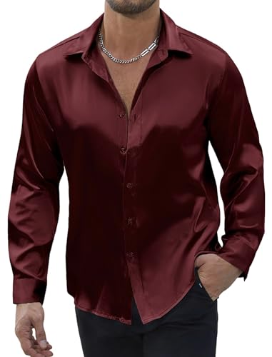Vssjavun Mens Silk Satin Shirts Long Sleeve Button Down Loose Fit Dress Shirt Luxury Party Prom Wedding Shirts