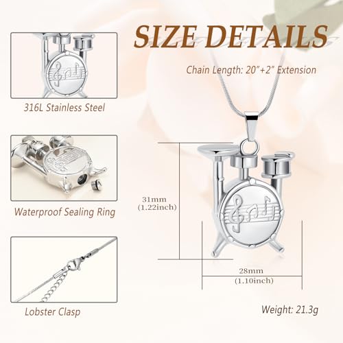 Memorial Cremation Jewelry for Ashes Music Drum Set Shaped Urn Necklaces for Human Dog Cat Keepsake Pendant Jewelry with Fill Kit2