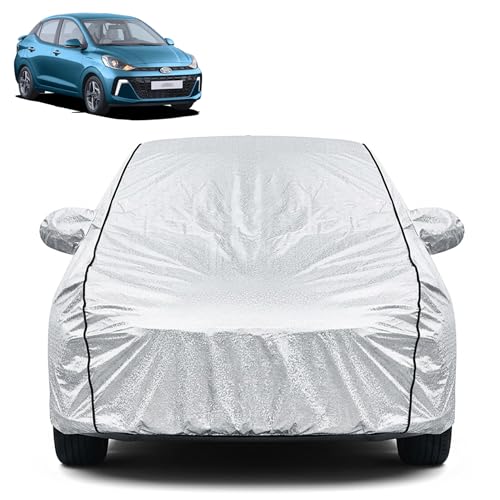 Image of Waterproof Car Cover for Hyundai Aura | Dustproof, UV Resistant & Scratch Protection | Soft Cotton Lining | Triple Stitched | Mirror Pockets & Elastic Fit | Silver