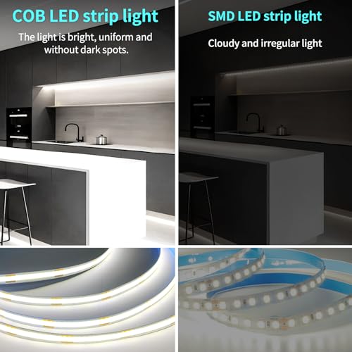 Image of 50FT COB LED Strip Lights 6000K White Dimmable DC 24V Flexible LED Tape Light for Bedroom, with Remote and app Control LED Light Strip,for DIY Home Decoration