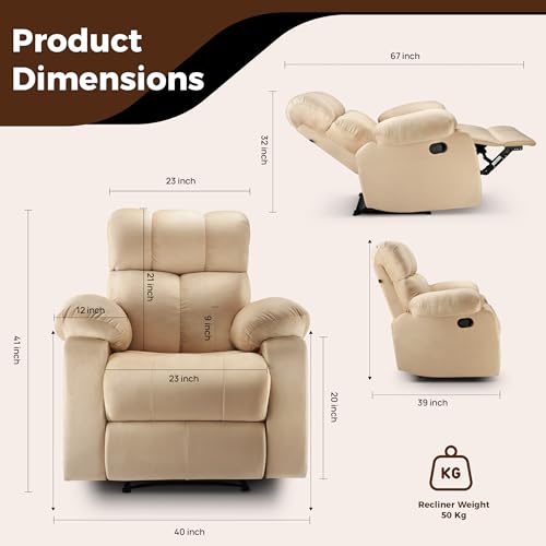 Image of Little NAP Helios Soft Suede Fabric Single Manual Standard Recliner | Padded 1 Seater Aaram Sofa | Relaxing Chair for Home Office Living Bed Room | Beige