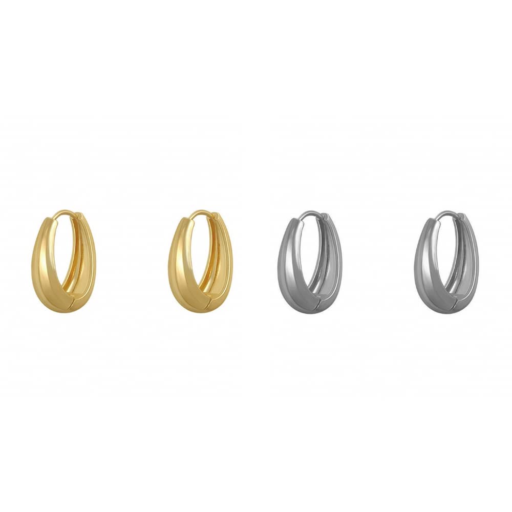 Generic2 Piece Gold earrings | Oval Gold Hoops | Minimalist Gold Simple Earrings | Silver and Gold | Huggies