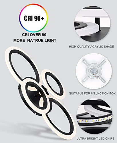 Vikaey Modern LED Flush Mount Ceiling Light, 4 Rings LED Black Close to Ceiling Light, Lighting Fixture Ceiling Lamp for Kitchen, Living Room, Bedroom, Laundry Room, 4000K Not dimmable - Image 6