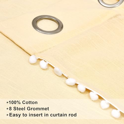 Image of THE LINEN COMPANY Cotton Sheer Grommet Curtains with Side Border Pompom Sheer Curtain for Door Linen Textured, Light Filtering, Pack of 2 (Butter Cream, 7 Feet)