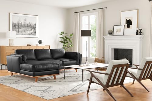 Image of Valencia Artisan Full Leather Sofa - Left Chaise Sectional Couch - Pure Full Italian Nappa Leather Couch, Solid Wood Accent and Ultimate Comfort, Black