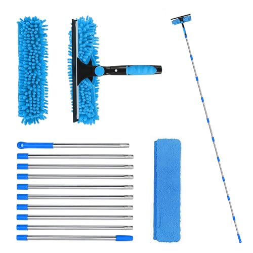 Limpiacristales Telescopico, 4,25m Kit De Limpieza De Cristal Limpiador Cristales, 180 Ajustable Limpia Cristales, Palo Extensible Limpieza, Para Caravanas Y Espejos, Azul
