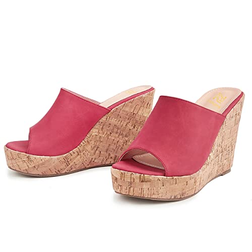 Image of LEHOOR Cork Wedge Mules for Women Platform Slide Sandals Peep Toe, High Wedge 4.5Inch Slippers Microfiber Suede 6-11 M US