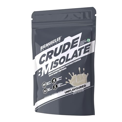 Image of Bigmuscles Nutrition Crude Isolate 1kg, 26g Whey Protein Isolate with Whey Peptides | US FDA REGD. BRAND | 0g Sugar, 1g Added Leucine, 5.5g BCAA