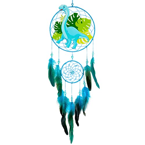 Basumee Dream Catcher for Kids Feather Dream Catchers Handmade Home Decor Wall Hanging with Double Ring for Nursery Bedroom Boys Room, Light Blue Dinosaur