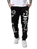 WDIRARA Men's Graphic Print Knot Front Sweatpants Drawstring Elastic Waist Trousers with Pockets Black Large