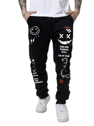 WDIRARA Men's Graphic Print Knot Front Sweatpants Drawstring Elastic Waist Trousers with Pockets