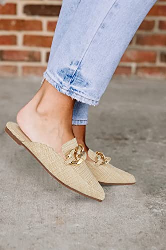 Mskilder Mules For Women Flats Metal Chain Pointed Toe Slip-On Backless Loafers Slides Flat Shoes #TOP1