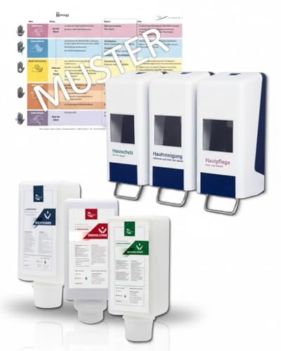 Tri-Spender (x1) Komplett Set - mit Füllmitteln (x6) & Hygieneplan (1x) für Hautpflege, Schutz &- Reinigung - lose auffüllbar. Ideal für Werkstätte & Produktionsstätten
