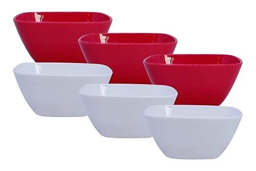 Plastic Prime Microwave Safe Square Plain Katori Set, 6 Pc, 200 ml, Red White Color