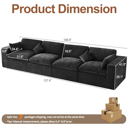 Image of 146''Cloud Boneless Sectional Couch, Modular Sectional Sofa Deep Seat, Oversized Upholstered Convertible Comfy 4 Seater Chenille Memory Foam Sofa Couches for Living Room, Dark