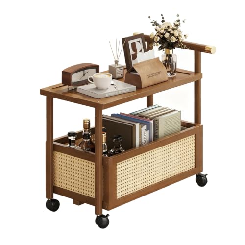 CTESNE 2-Tier Wooden Rolling Cart Utility Cart with Wheels & Handle Storage Cart for Bathroom Kitchen Office Craft Makeup