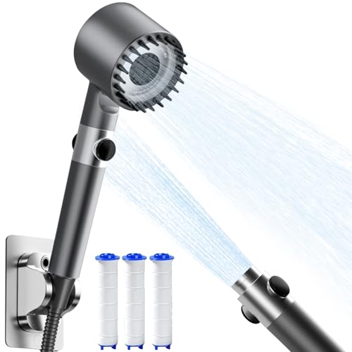 Cabezal de Ducha con Filtros Antical, Alcachofa Ducha Alta Presión, Alcachofa de Ducha con 4 Modos, con Botón de ON/OFF Adecuado para la Limpieza de Mascotas/Baños, Gris Plateado