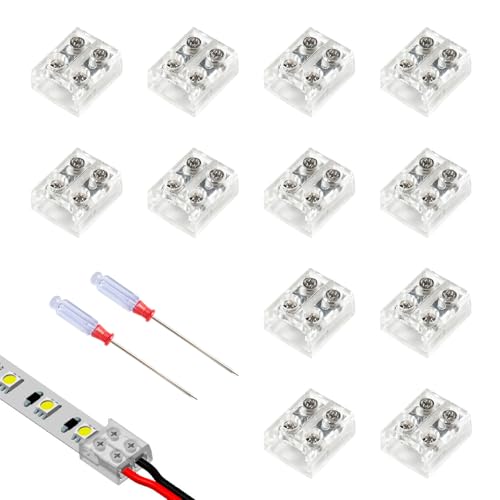 12 Pièces 10 mm Sans Soudure pour Bandes LED, Connecteur Câblé pour Ruban LED 12/24V DC, Connecteurs de Bande à 2 Broches pour LED SMD 5050, 3528 et COB, avec Tournevis Inclus, pour 14AWG-20AWG