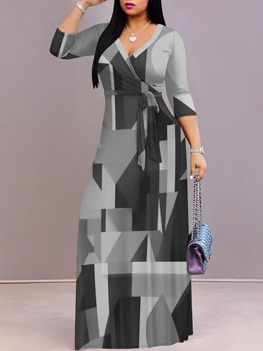 Image of Womens Plus Size Maxi Dresses Casual 3 /4 Sleeve Sundress Fall Wedding Guest Dress with Belt