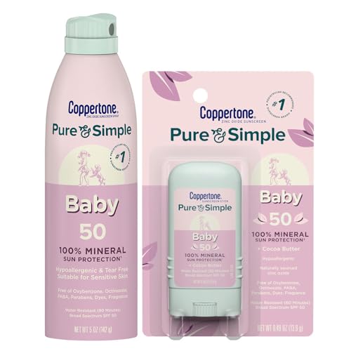Image of Coppertone Pure and Simple Baby Mineral Sunscreen Spray SPF 50 (5 Oz), Tear Free + Baby Sunscreen Stick SPF 50 (0.49 Oz), Hypoallergenic and Fragrance Free