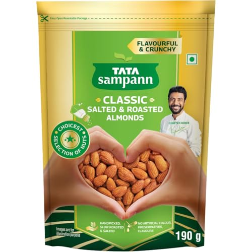 Image of Tata Sampann Classic Salted & Roasted Almonds /Badam, Flavourful & Crunchy Snack, Handpicked, Salted & Slow Roasted Almonds, Rich in Protein, Magnesium, and Phosphorus, No Artificial Colours, Preservatives & Flavours, 190g