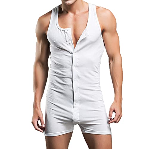 Men's One Piece Sleeveless Romper Henley Jumpsuit Button Pajama Shirts Sleepwear Underwear