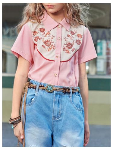 Girl's Western Shirt Floral Print Button Down Cowgirl Shirts Collared Neck Short Sleeve Casual Country Blouse4