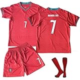 Oirigaga Fussball Trikot Kinder Set, WM 2026 Heim Nr.7 Trikot für Jungen und Mädchen von 6-7 Jahren, Atmungsaktives und Schnelltrocknendes Fußball-Trainingstrikot mit Kurzarm Shorts Socken, Rot Grün