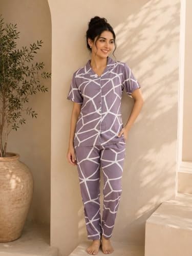 Image of CLOUD SOFT Women's Rayon Night Suit Set | Premium Soft Printed Pajama Set for Women | Shirt & Pajama Sleepwear Combo | Comfortable Ladies Nightwear Loungewear Set (CS12001)
