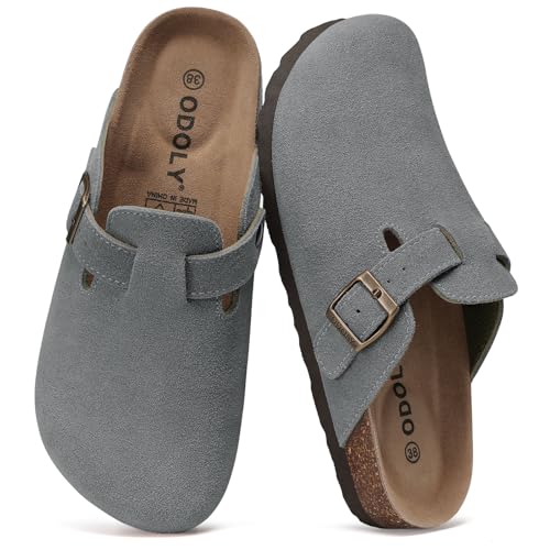 Image of ODOLY Genuine Suede Clogs for Women Men Soft Cork Footbed Leather Mules Comfort Potato Shoes with Arch Support