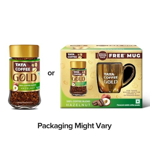 Image of Tata Coffee Gold, Hazelnut Flavoured Coffee, 50g Jar, Instant Coffee Powder, Freeze Dried Coffee Beans, Full Bodied Taste & Rich Aroma (Pack of 3)