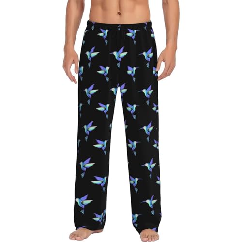 Mens Pajama Pants Bottoms with Pockets, Blue Purple Hummingbird Print Comfort Pj Lounge Pants Soft Sleep Pants for Men2