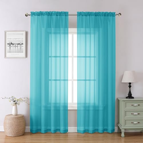 Image of Chyhomenyc Turquoise Sheer Curtains 78 Inches Long 2 Panels Set for Living Room, Light Filtering Voile Lightweight Bedroom Curtains, Rod Pocket Solid Window Treatment Drapes, Each 42W x 78L