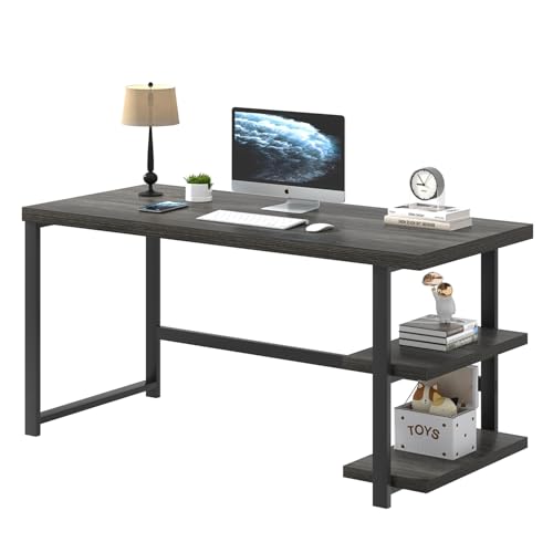 Foluban Home Office Desk, Modern Computer Desk With Storage Shelf, Wood Study Writing Gaming Table For Bedroom Living Room, Industrial Dark Gray thumb #7
