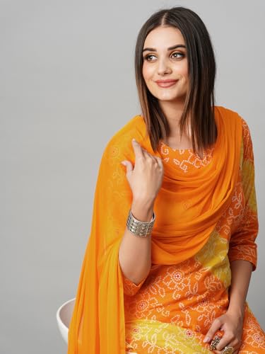 Image of GoSriKi Women's Cotton Blend Printed Straight Kurta with Pant & Dupatta